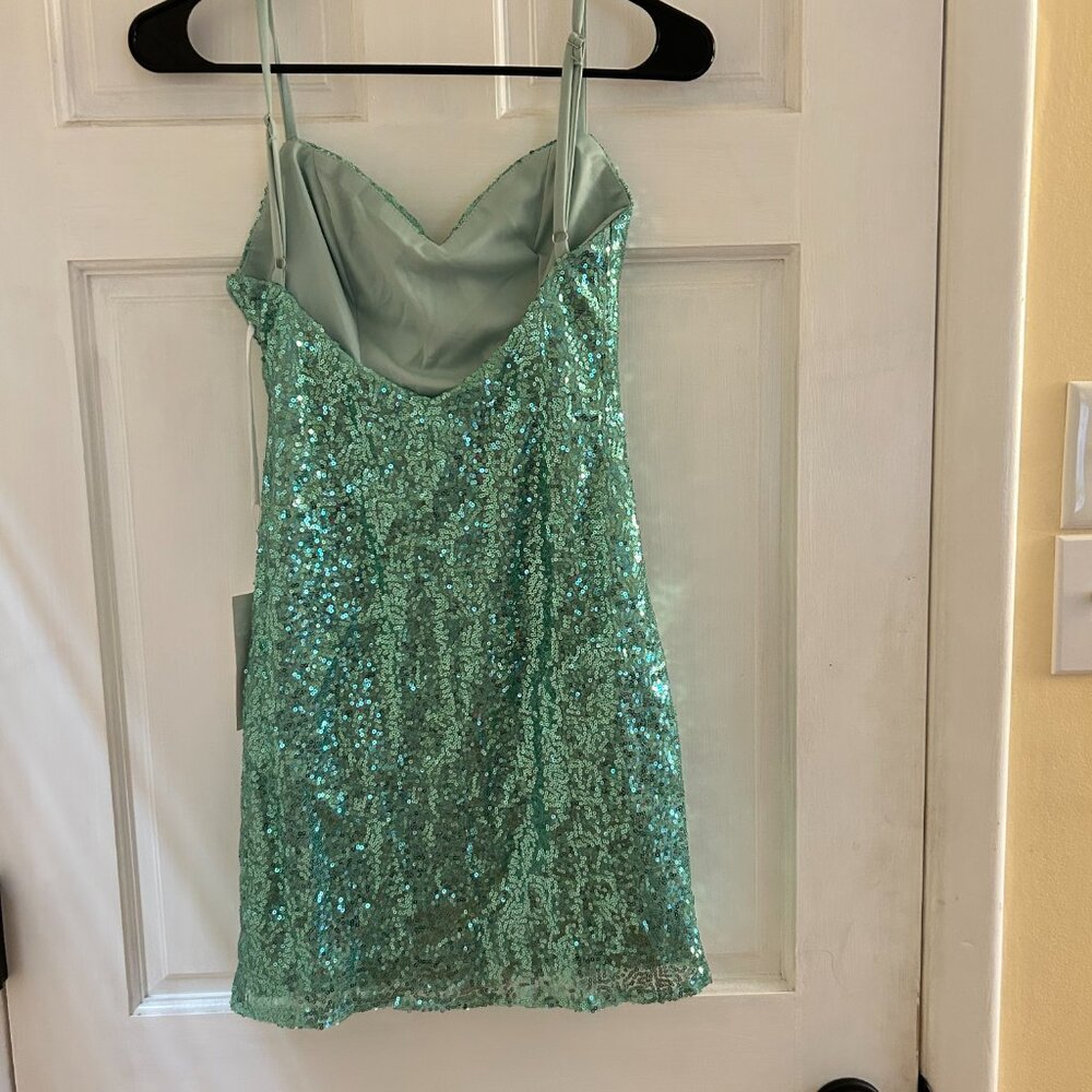 Sequin Spaghetti Strap Mini Dress in Aqua Mint Teal Homecoming - Picture 2 of 4